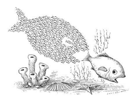 Image result for small fish grouping against big fish cartoon